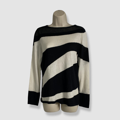 $395 Neiman Marcus Women's Black Cashmere Striped Long Sleeve Sweater Size L
