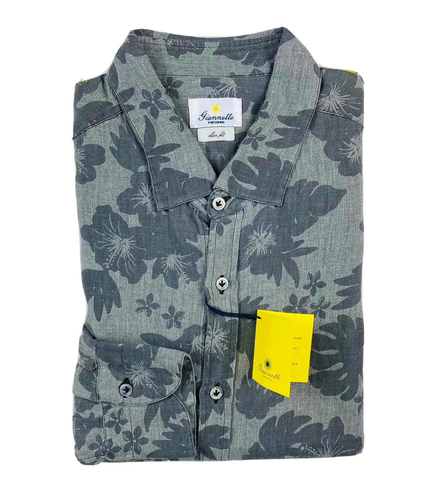 Giannetto Gray Floral Linen Mens Button Front Slim Fit Size 16.5/42 NWT