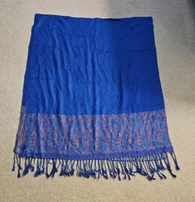 Royal Blue w/Multi Border Fringed Pashmina Cashmere Wrap Shawl Scarf 66" x 28"