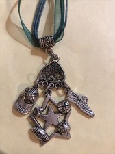 NEW Silver Tibetan Multi-Charm Sports Soccer Basketball Green Organza Necklace