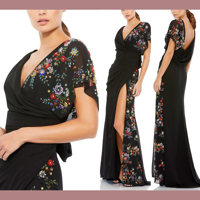 NWT$798 Mac Duggal [ 14 ] Faux Wrap Multi Colored Beaded Floral Gown Black G1914