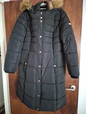 Centigrade Faux Down Long Line Coat With Faux Fur Trim Hood. Black. Size Large.
