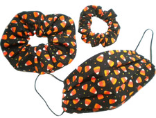 ADULT FACE MASK W NOSE WIRE SCRUNCHIE HAIR TIES 100 COTTON USA MADE CANDY CORN 