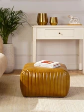 BBH HOMES HANDMADE ECO-FRIENDLY SQUARE SHAPED STUFFED BUFFALO LEATHER BEIGE POUF