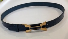 Vtg Belt Elegant Navy Blue Enamel Gold Tone Buckle Fashion Faux Leather Sz Lg 13