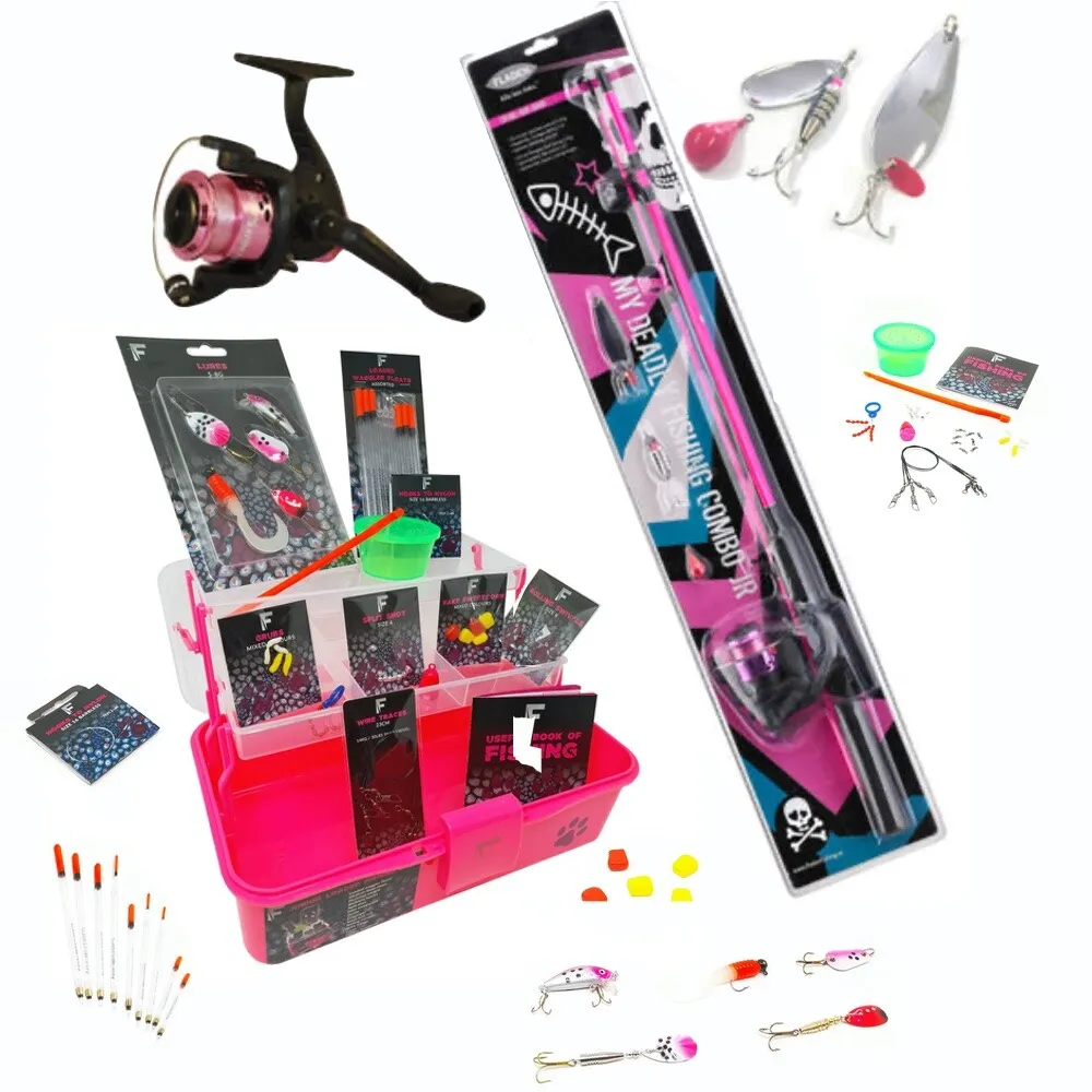 PINK ROD AND REEL SET WITH PINK TACKLE BOX FOR KIDS GIRLS FISHING