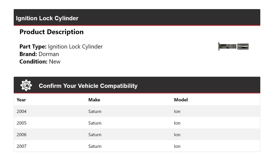 Cilindro de bloqueo de encendido Saturn Ion Dorman 2004-2007 2005 2006 Foto 2 de 4