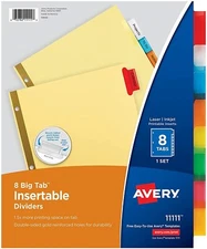 Avery 8-Tab Binder Dividers Insertable Multicolor Big Tabs 3-Hole Punched, 1 Set