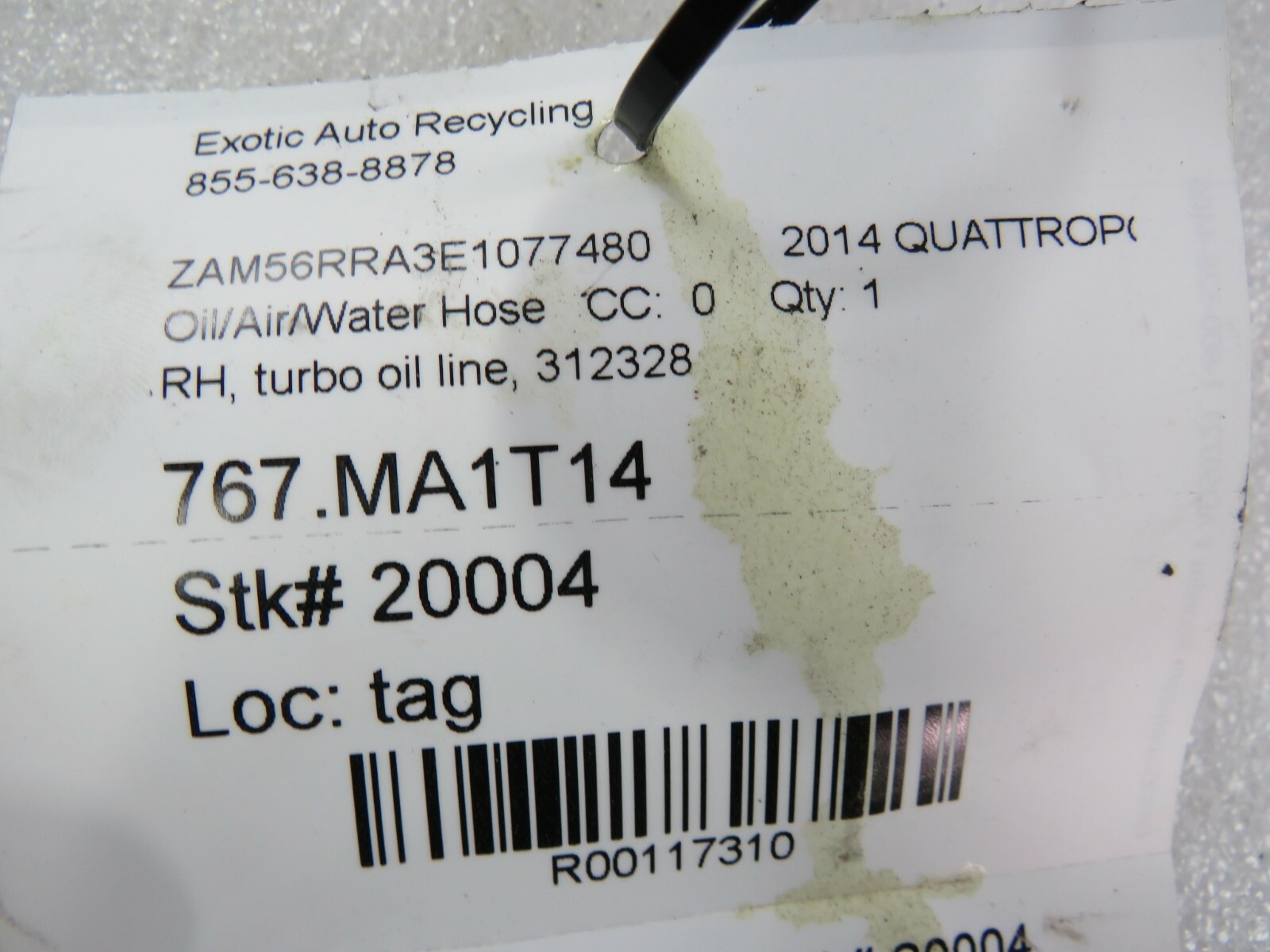 2014 Maserati Quattroporte, RH Right Turbo Oil Delivery Hose, Used, P/N 312328