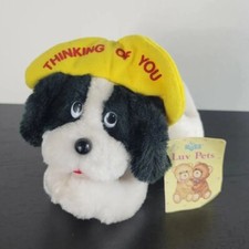 VINTAGE RUSS BERRIE LUV PETS BLACK WHITE DOG PLUSH THINKING OF YOU HAT W/TAG