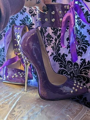 Purple Fetish Ballet Lockable Ribbon Studded PVC Vinyl High Heel Shoes Size 9