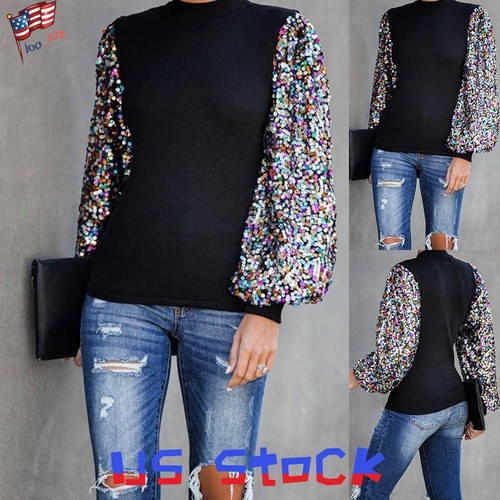 Women Sequin Long Sleeve Casual Loose Top Ladies High Neck Shirt Blouse Pullover