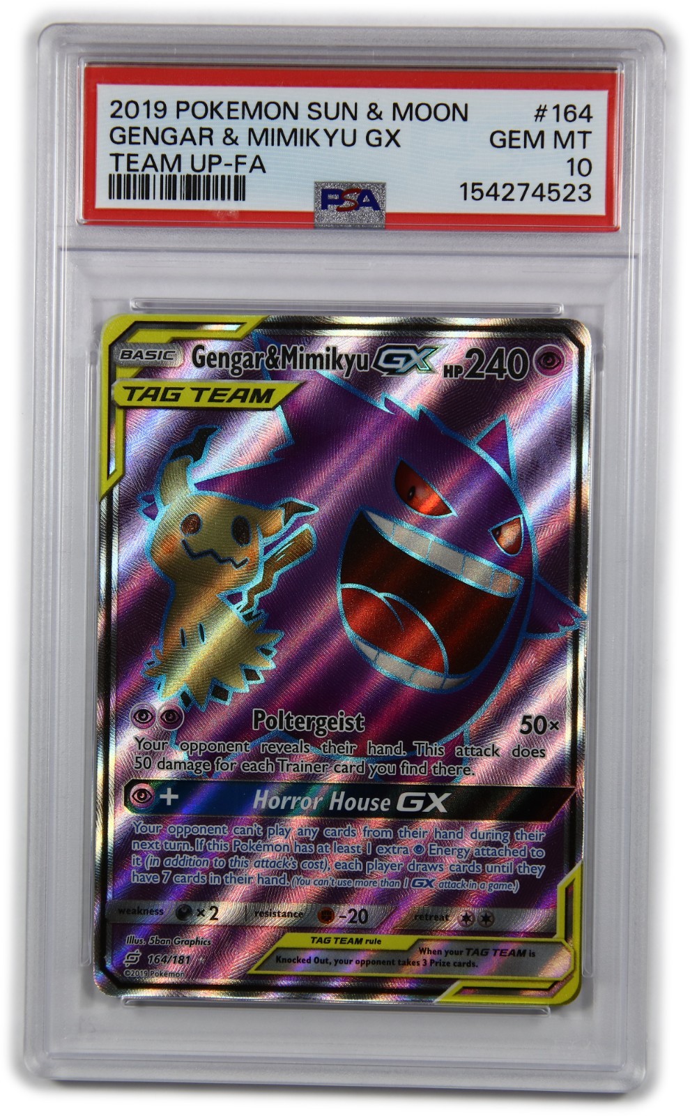 2019 PSA GEM MT 10 Pokemon 164/181 Gengar & Mimikyu GX Tag Team Up Card #62044B