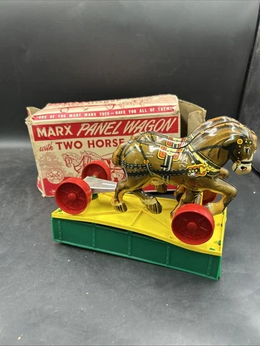 Vintage Marx Panel Wagon Two Horse Team Wind Up Toy W/box. ML