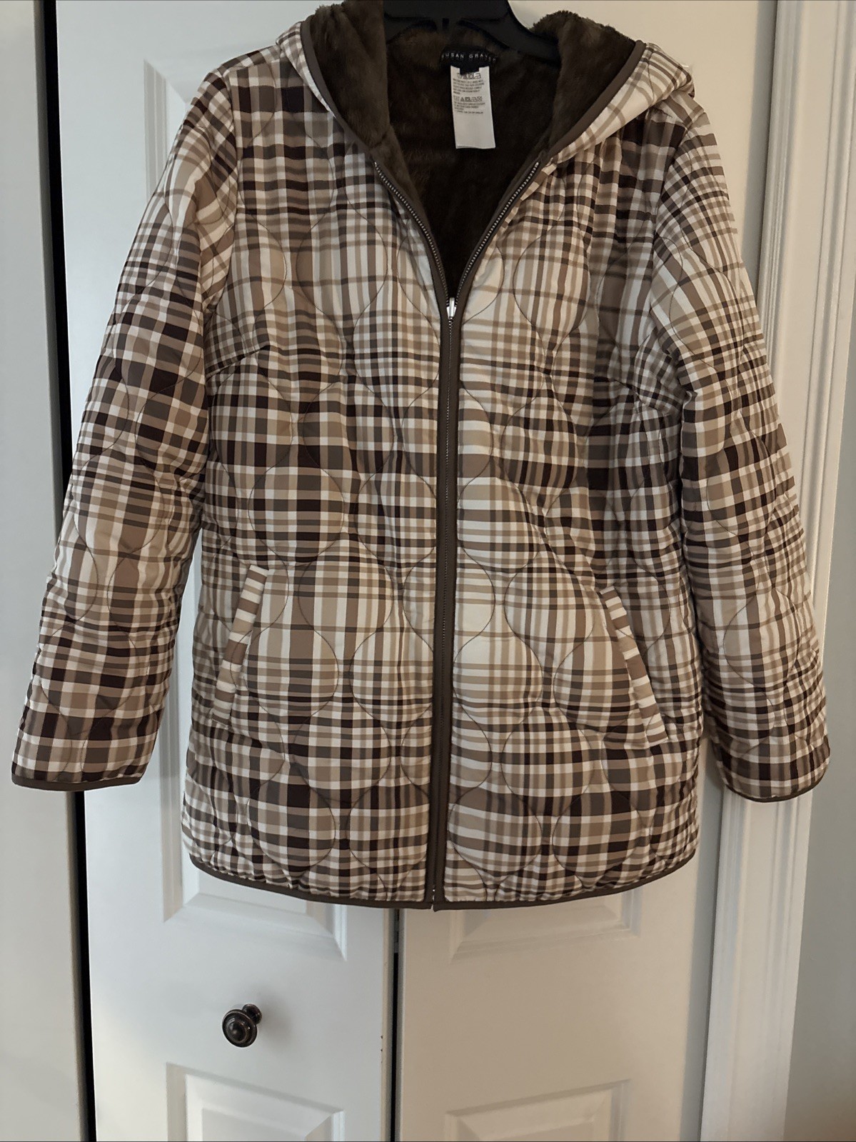 Susan Graver Reversible Quilted Woven & Plush Fleece Jacket Taupe/Plaid-Med-$91