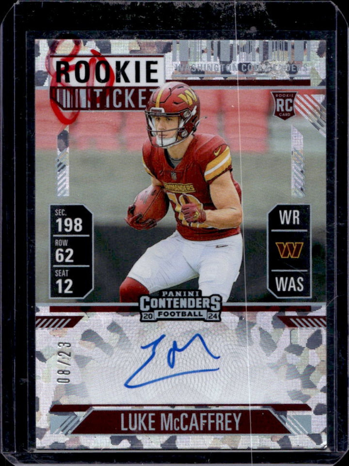 2024 Contenders Luke McCaffrey Rookie Ticket RPS Auto RC Cracked Ice #8/23