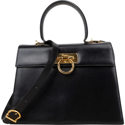 Salvatore Ferragamo Black Leather Calfskin Gancini Top Handle Handbag Tasche