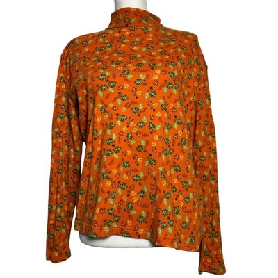 Studio Works Orange Leaf Fall Print Turtleneck Long Sleeve Top Women's Size M