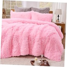 3-Piece Fluffy Duvet Cover Ultra Soft Faux Fur and Velvet Comforter Queen Pink