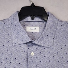 ETON Dress Shirt Men 19 Classic Micro Floral Bird Print Cotton Blue Spread Colla