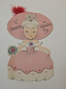 Vintage Valentine’s Day Die-Cut Card Girl Pink Dress Red Feather To Daughter