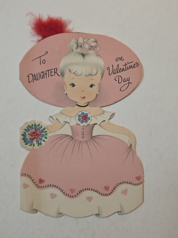Vintage Valentine’s Day Die-Cut Card Girl Pink Dress Red Feather To Daughter