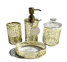 4 PC SET GLASS W GOLD METAL FRAME EXTERIOR SOAP DISH DISPENSER JAR ,TOOTHB. HOLD
