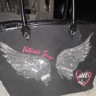 Victoria's Secret Black Tote Bag Sequin Angel Wings Logo with Makeup Bag (RARE)