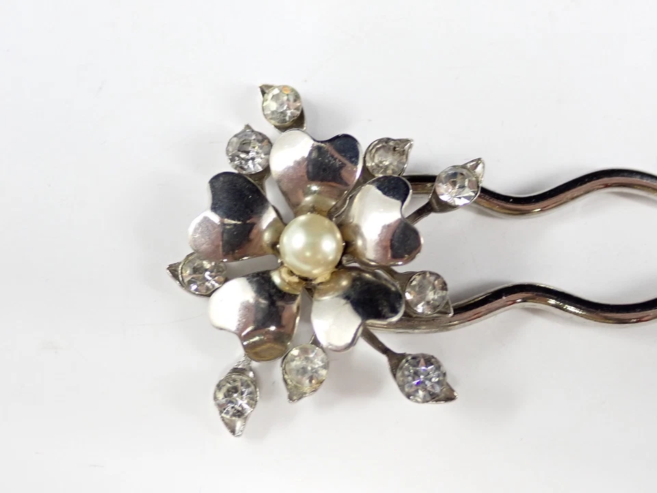 Vintage Silver Tone Floral Hair Fork with Rhinestones & Faux pearl Center - Image 2 of 4