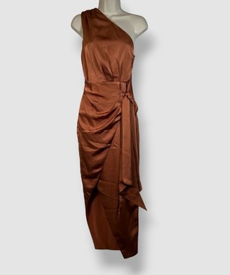 Misha Women's Brown Brooks Satin One Shoulder MIDI Dress Size XXS