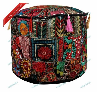 Indian Vintage Floral Ottoman Pouf Embroidered Cotton Footstool Bed Room Decor