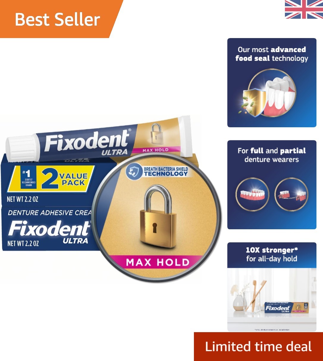 Dentist Recommended Ultra Max Hold Denture Adhesive, 2.2 oz - Double Pack