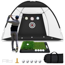 Golf Net: 10 x 7FT Practice Net with Mat for Chipping, 10x7ft, Black White
