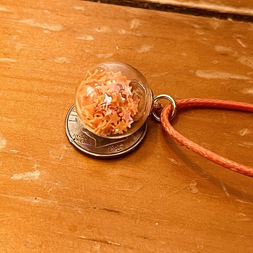 Neon Orange Mini Glass Globe Matching Stars 18” Cord Necklace Pendant Handmade - Picture 6 of 6