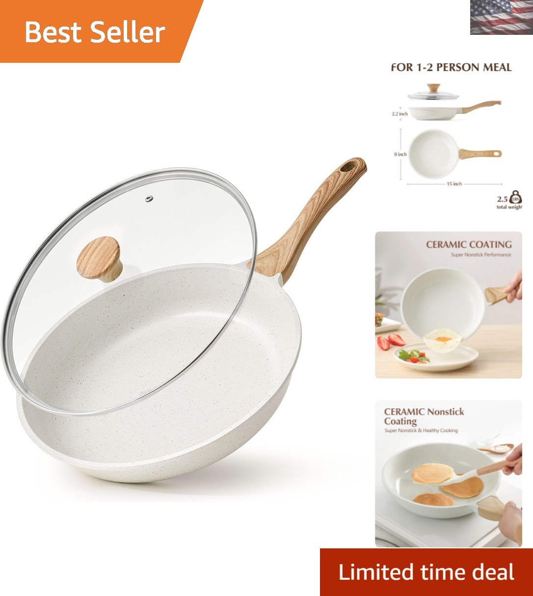 Elegant Ceramic Nonstick Frying Pan with Heat-Resistant Handle & Glass Lid for Safe Healthy Cooking
