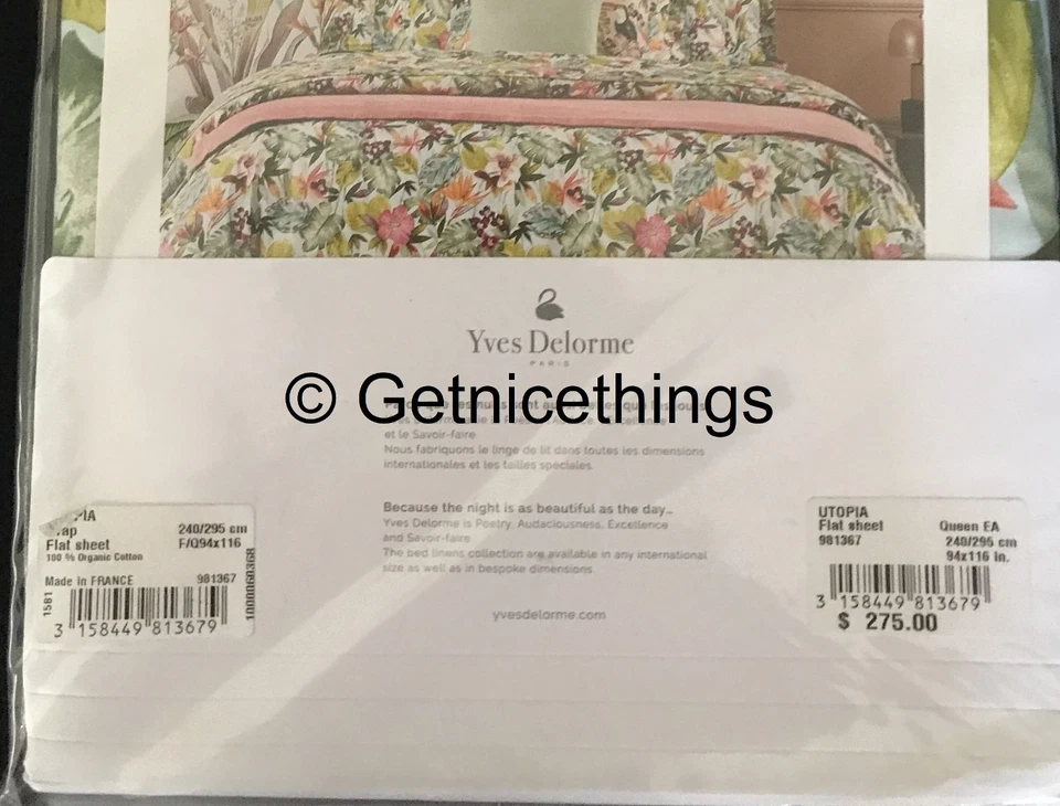 $275 Nuevo con Etiquetas Yves Delorme Utopia F/QN Hoja Plana 94x116 Tropical Floral Multi Francia Foto 3 de 4
