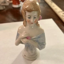 German Half Doll Pincushion Marked 1692 Blond W/Pink Rose Blue Dress Top 3”