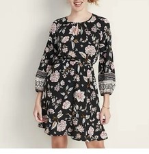 Old Navy black pink floral dress with balloon lantern sleeves / S