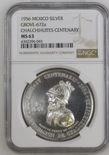 Medalla México 1956 Grove 672A Plata Chalchihuites Centenario NGC MS63