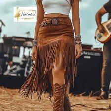 Western Boho Fringe Skirt Solid Color Asymmetrical Midi Skirt