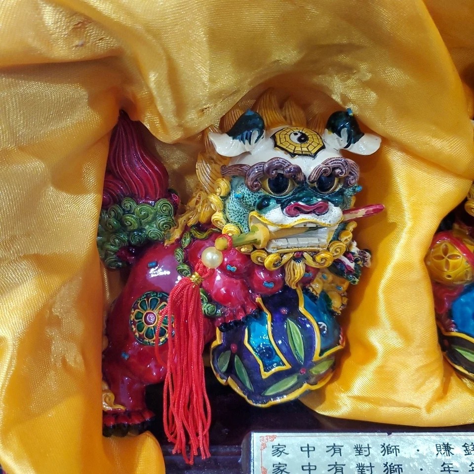 5" Chinese Pair Wucai Porcelain Koji Pottery Foo Dog Lion Fengshui Stamped RARE - Image 2 of 4