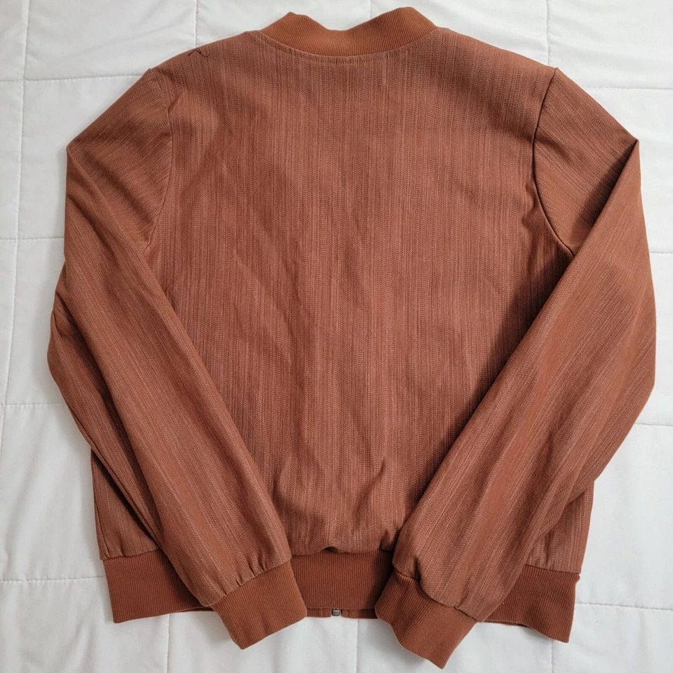 Chaqueta Bomber Agnes & Dora Chambray Cremallera Completa Talla Grande Marrón Bolsillos Suéter Foto 4 de 4