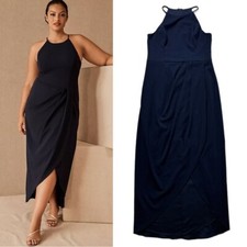 BHLDN Anthropologie Women Marceau Navy Blue High Neck Crepe Dress 14
