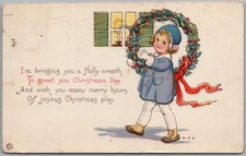 Vintage 1921 Holly Wreath Christmas Embossed Postcard M257