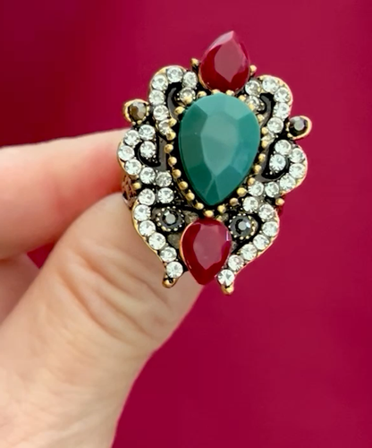 Turkish BOHO Bohemian Style Cocktail Ring, Green and Burgundy Acrylic Size 9 - Video 1 of 1
