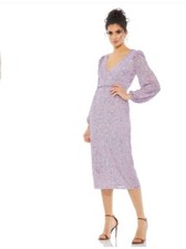 NWT Mac Duggal SEQUINED ILLUSION PUFF SLEEVE V NECK MIDI DRESS Size 16 Lavender