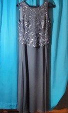 J Kara Long Chiffon Marinella Beaded Sequins Dress Gown Sz 12P Formal Prom Gray