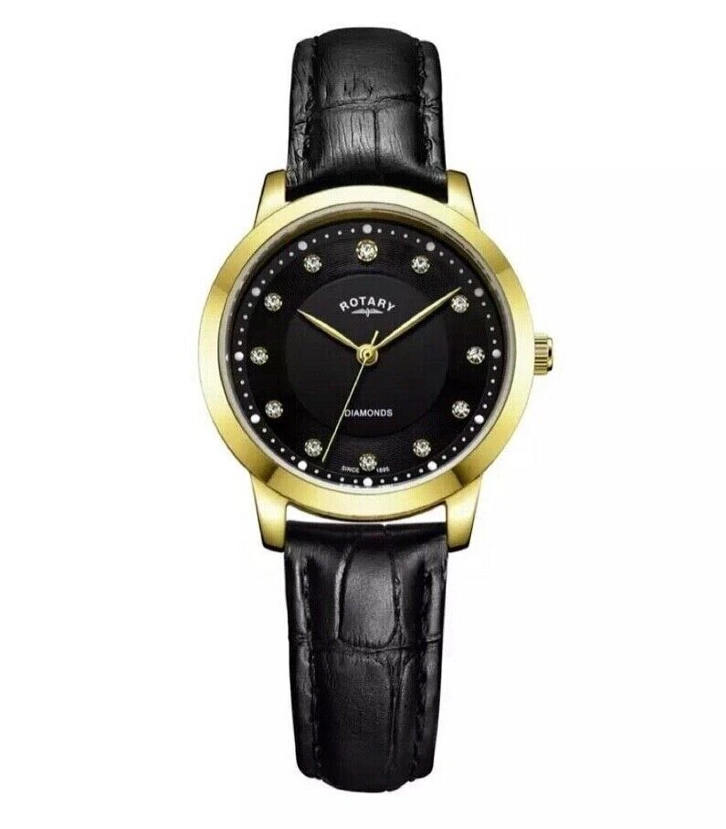 Brand new Ladies Rotary Diamond set watch with a black leather strap with box