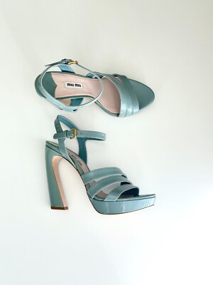 NEW MIU MIU Seafoam Blue Patent Leather Ankle Strap Platform Sandals Size 38.5
