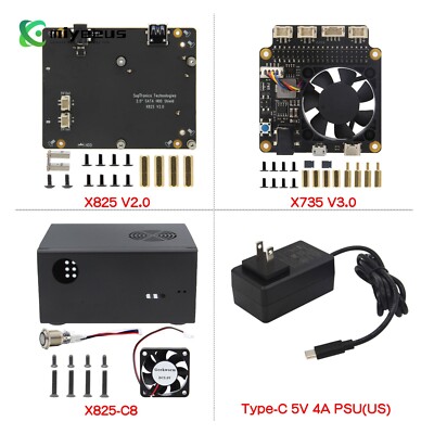 X825 V2.0 2.5'' SATA HDD/SSD Expansion Board + Case + X735 V3.0 + Power 100-240V
